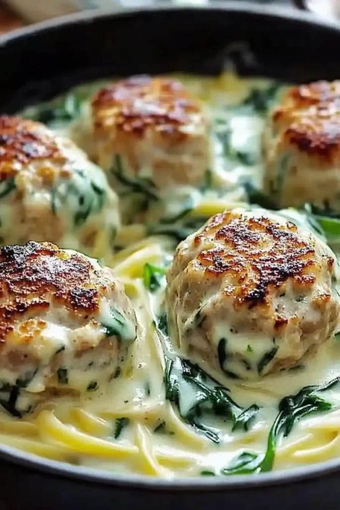 Chicken Ricotta Meatballs with Spinach Alfredo Sauce