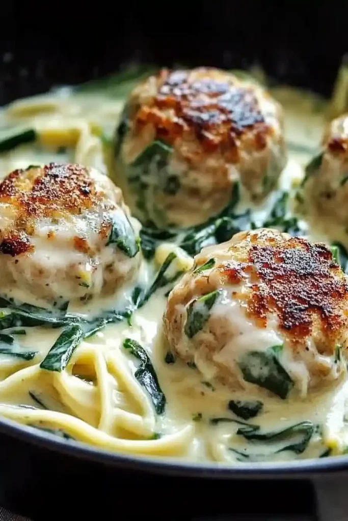 Easy Ricotta Meatballs with Spinach Alfredo Sauce