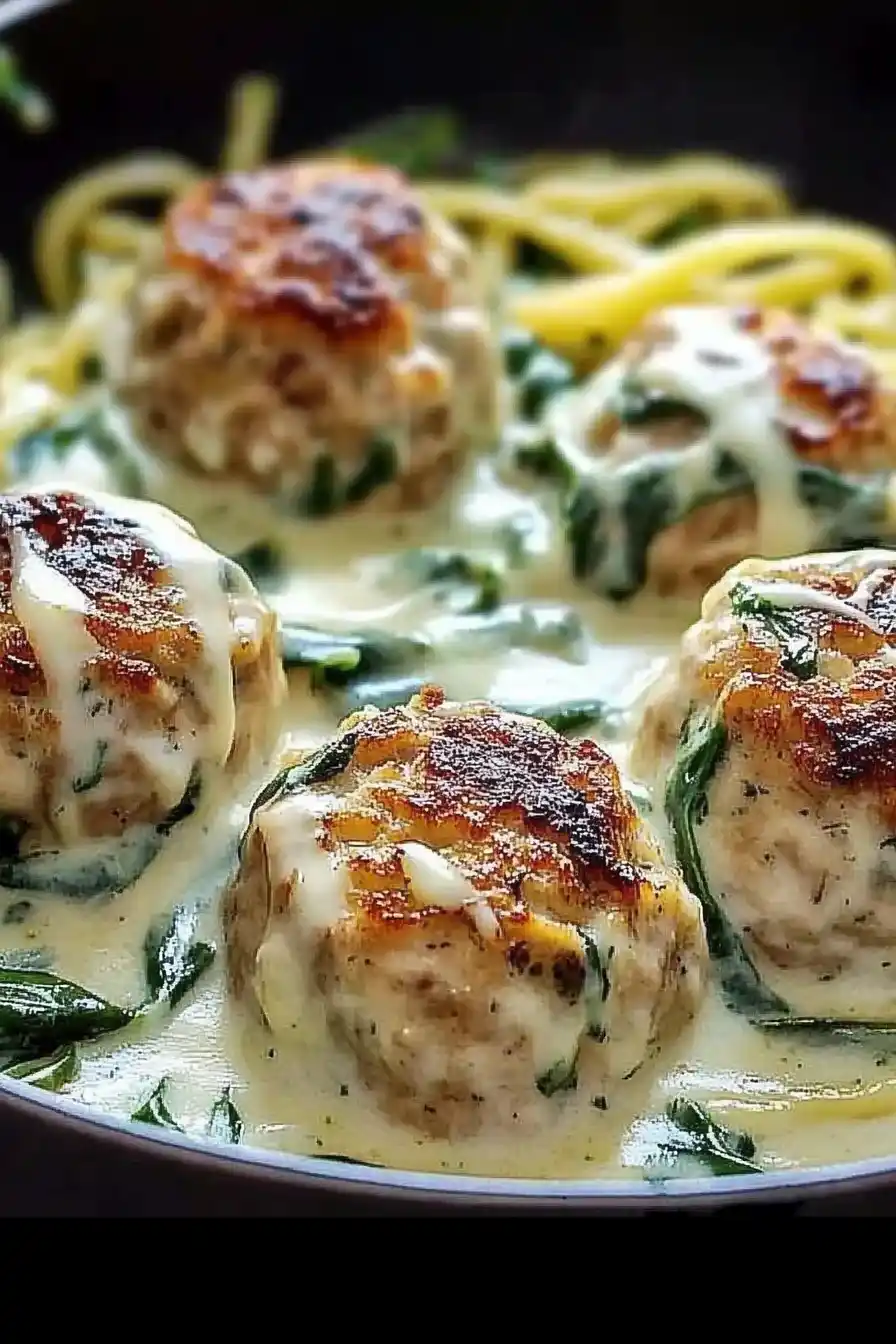 Chicken Ricotta Meatballs with Spinach Alfredo Sauce